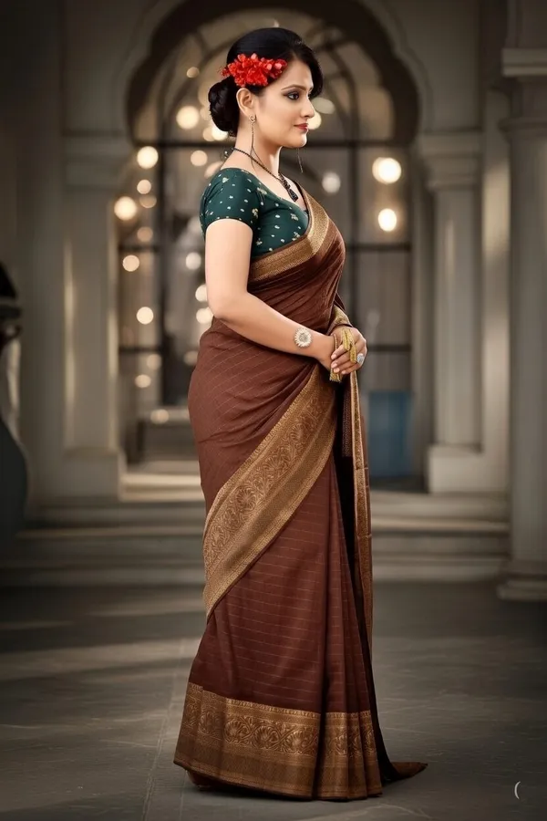 Brown_Woven,_Self_Design_Mysore_Jacquard,_Silk_Blend_Saree