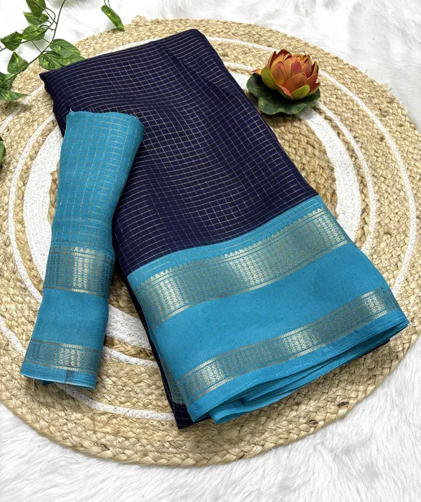 Navy_Blue_Woven,_Checkered_Mysore_Silk_Blend,_Jacquard_Saree