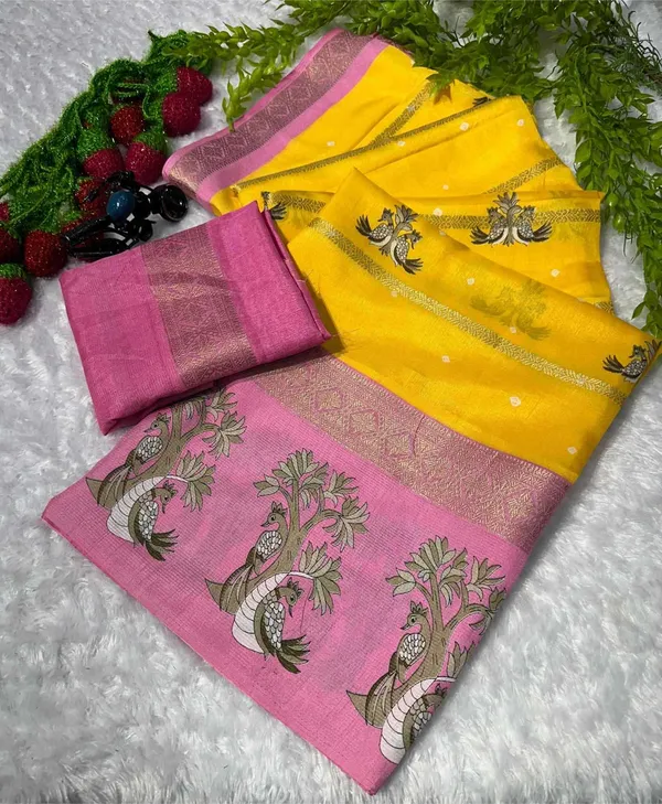 Yellow_And_Pink_Printed_Mysore_Silk_Blend,_Jacquard_Saree
