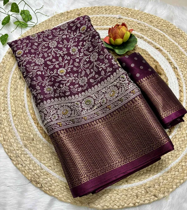 Maroon_Floral_Print,_Woven_Kalamkari_Silk_Blend_Saree