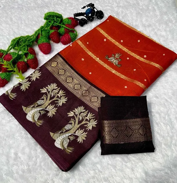 Orange_And_Brown_Printed_Mysore_Silk_Blend,_Jacquard_Saree