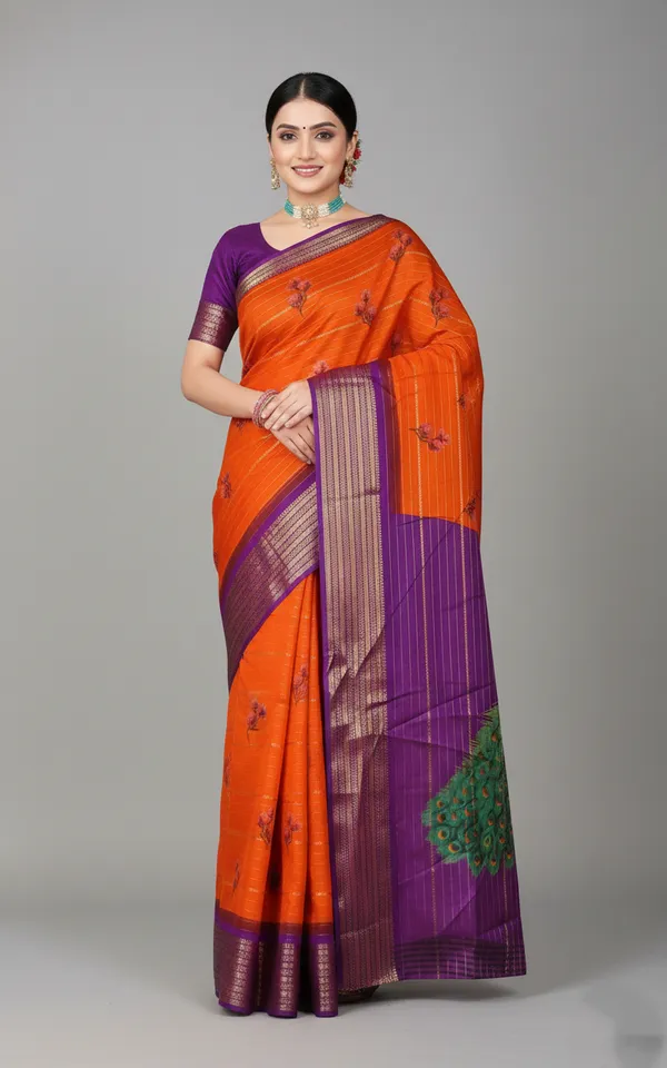 Orange_And_Purple_Woven_Mysore_Silk_Blend_Saree