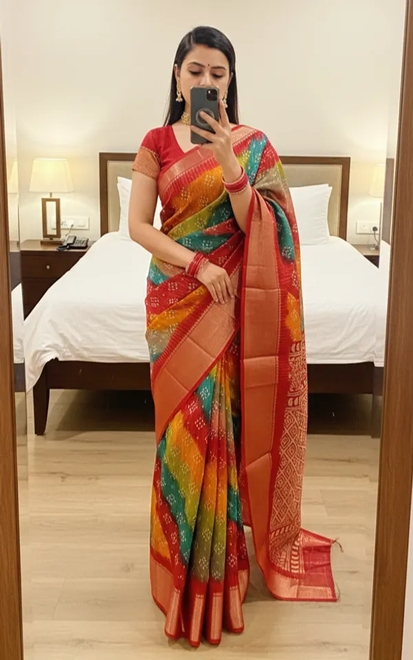 Red_Woven,_Striped_Bandhani_Silk_Blend,_Art_Silk_Saree