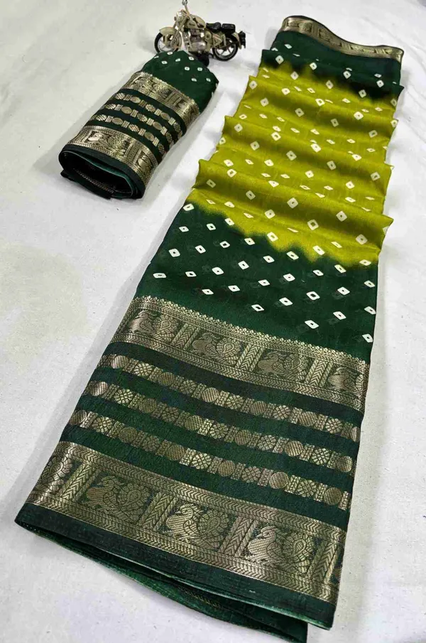Teal_And_Maroon_Printed_Bandhani_Jacquard,_Silk_Blend_Saree