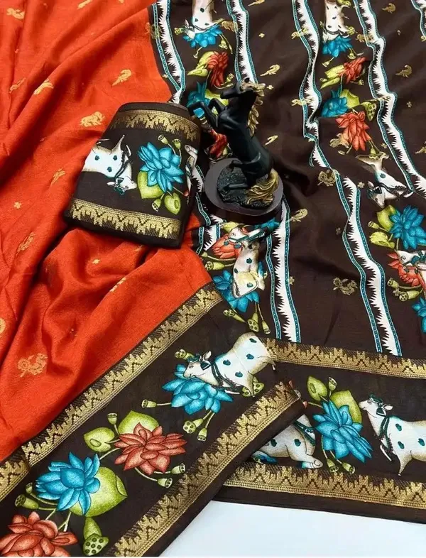 Orange_Printed,_Woven_Mysore_Silk_Blend,_Jacquard_Saree
