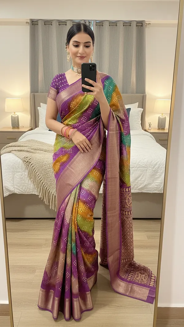 Purple_Woven,_Striped_Bandhani_Silk_Blend,_Art_Silk_Saree