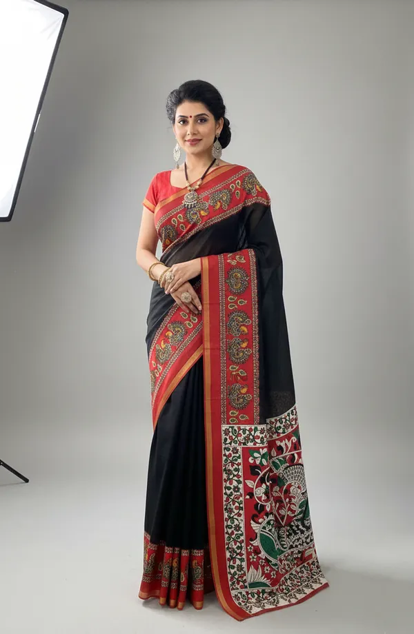 Black_Printed_Kalamkari_Cotton_Silk_Saree