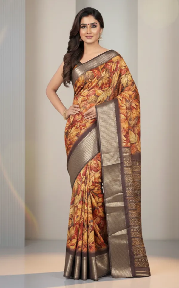 Orange_Floral_Print_Bollywood_Art_Silk,_Silk_Blend_Saree