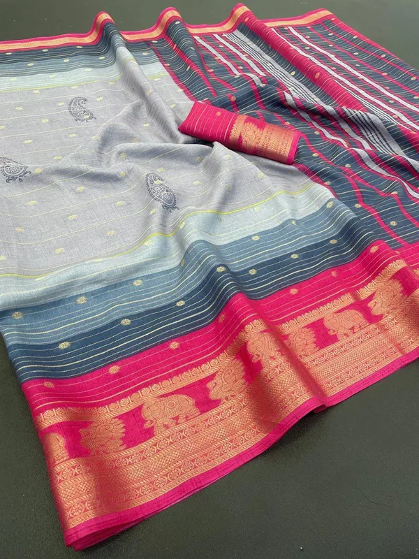 Grey_And_Red_Printed_Ikkat_Jacquard,_Silk_Blend_Saree