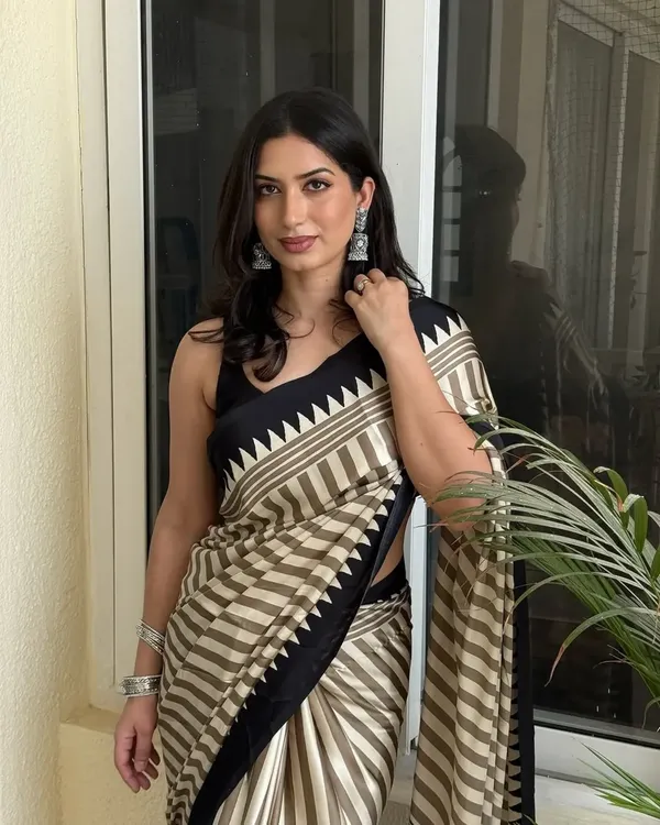 Cream_And_Black_Striped_Bollywood_Satin_Saree