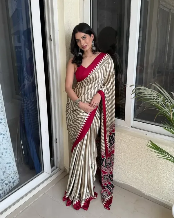 Cream_And_Red_Striped_Bollywood_Satin_Saree