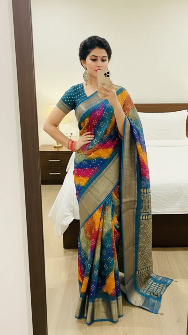Blue_Woven,_Striped_Bandhani_Silk_Blend,_Art_Silk_Saree