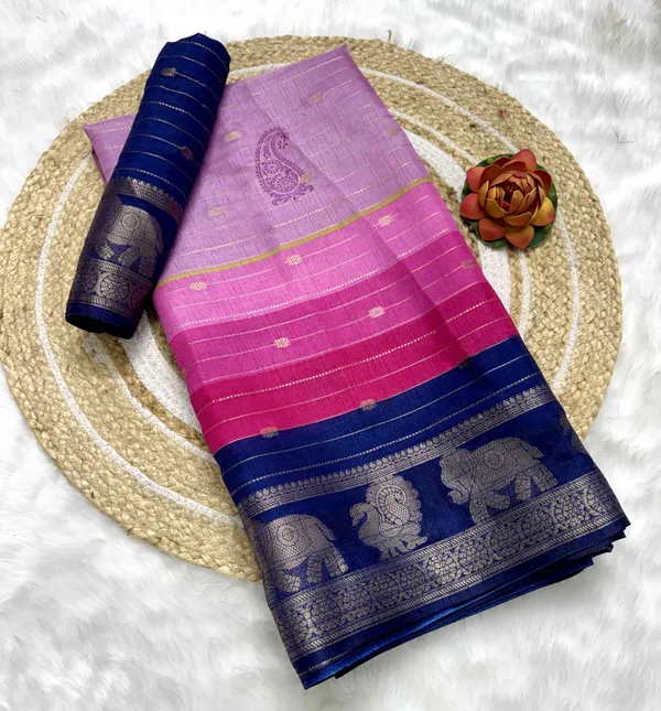 Pink_And_Navy_Blue_Printed_Ikkat_Jacquard,_Silk_Blend_Saree