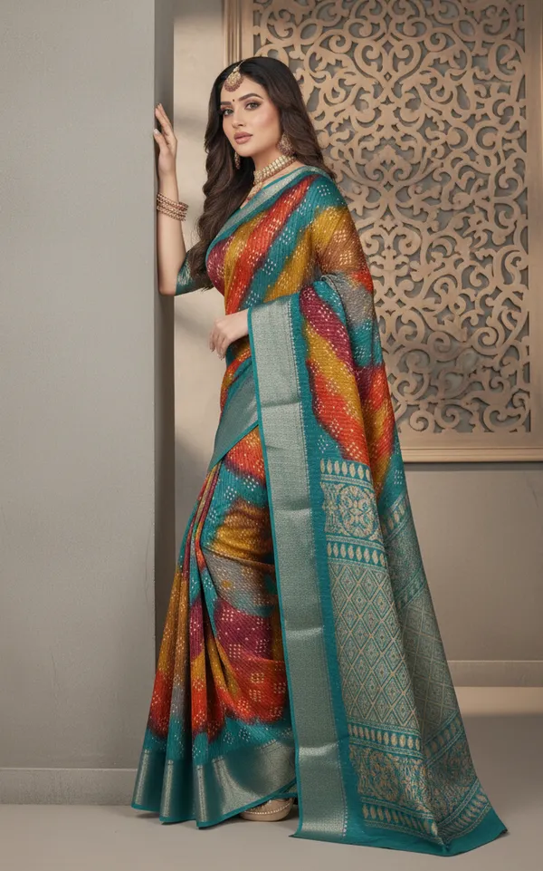Teal_Woven,_Striped_Bandhani_Silk_Blend,_Art_Silk_Saree