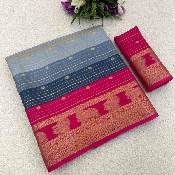 Grey_And_Red_Printed_Ikkat_Jacquard,_Silk_Blend_Saree