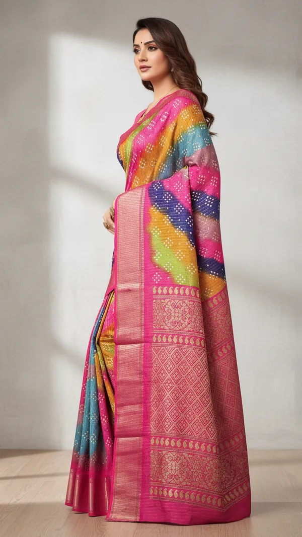 Pink_Woven,_Striped_Bandhani_Silk_Blend,_Art_Silk_Saree