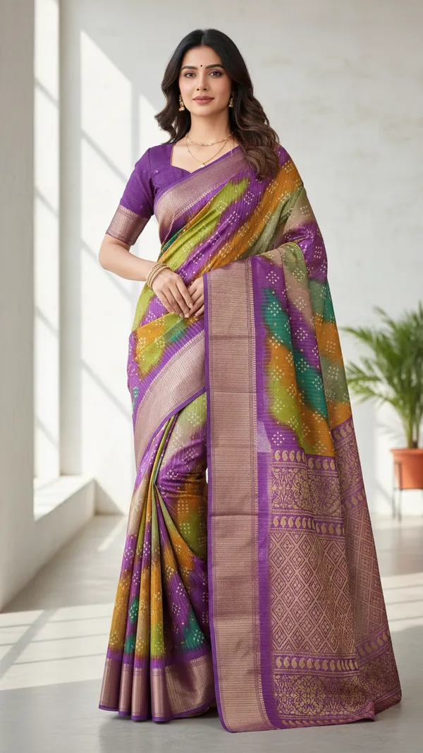 Purple_Woven,_Striped_Bandhani_Silk_Blend,_Art_Silk_Saree
