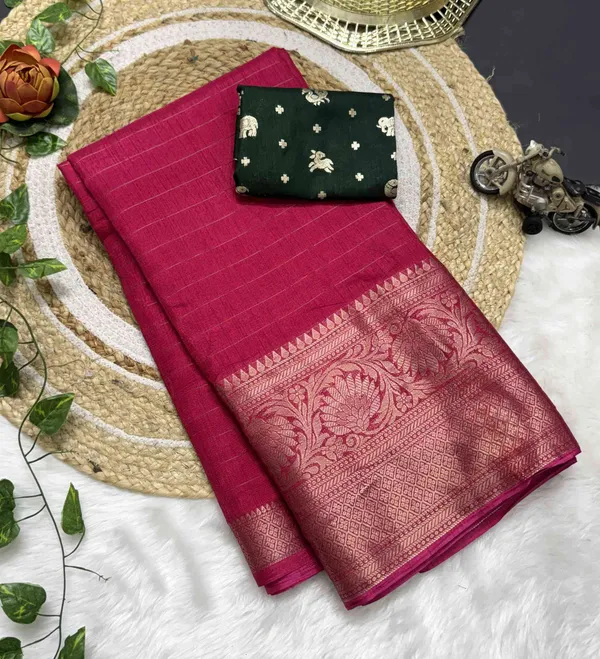 Pink_Woven,_Self_Design_Mysore_Jacquard,_Silk_Blend_Saree