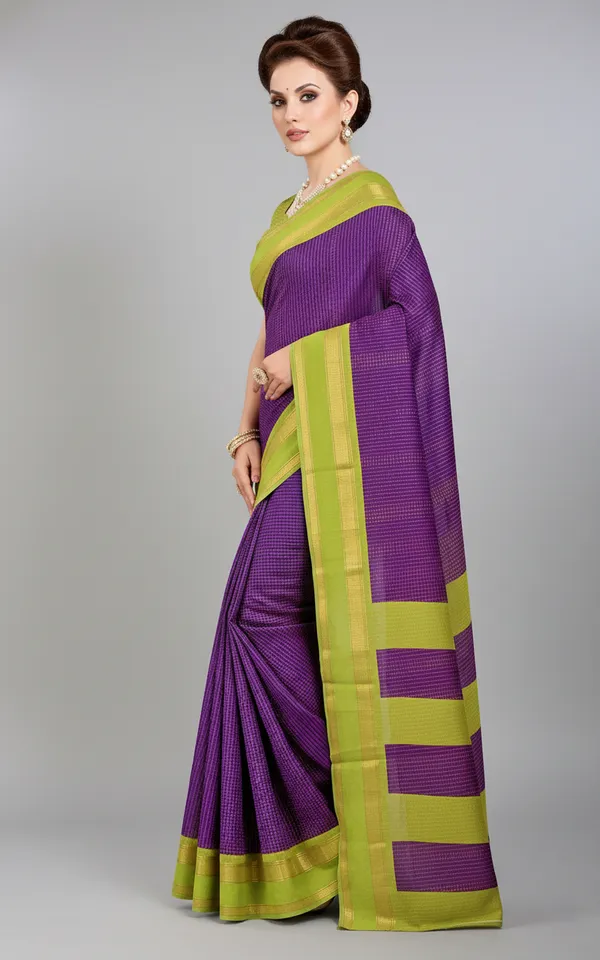 Purple_And_Green_Woven,_Checkered_Mysore_Silk_Blend,_Jacquard_Saree