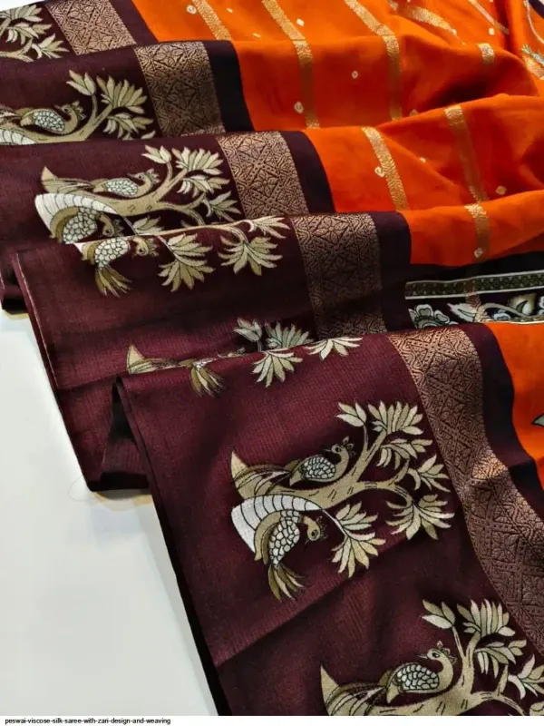 Orange_And_Brown_Printed_Mysore_Silk_Blend,_Jacquard_Saree