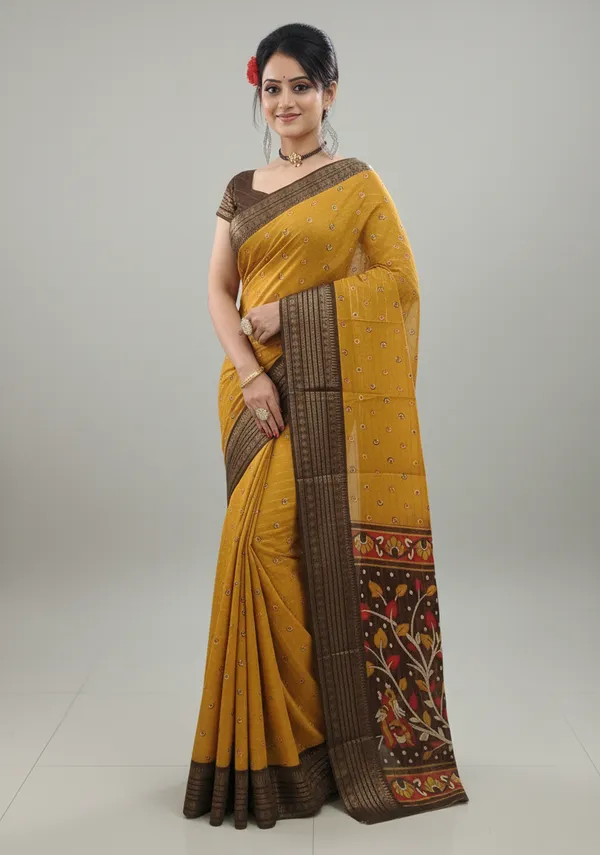 Mustard_Woven,_Printed_Bandhani_Jacquard,_Silk_Blend_Saree