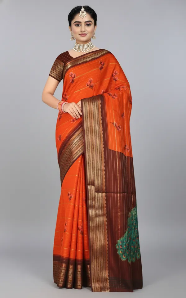 Orange_And_Brown_Woven_Mysore_Silk_Blend_Saree