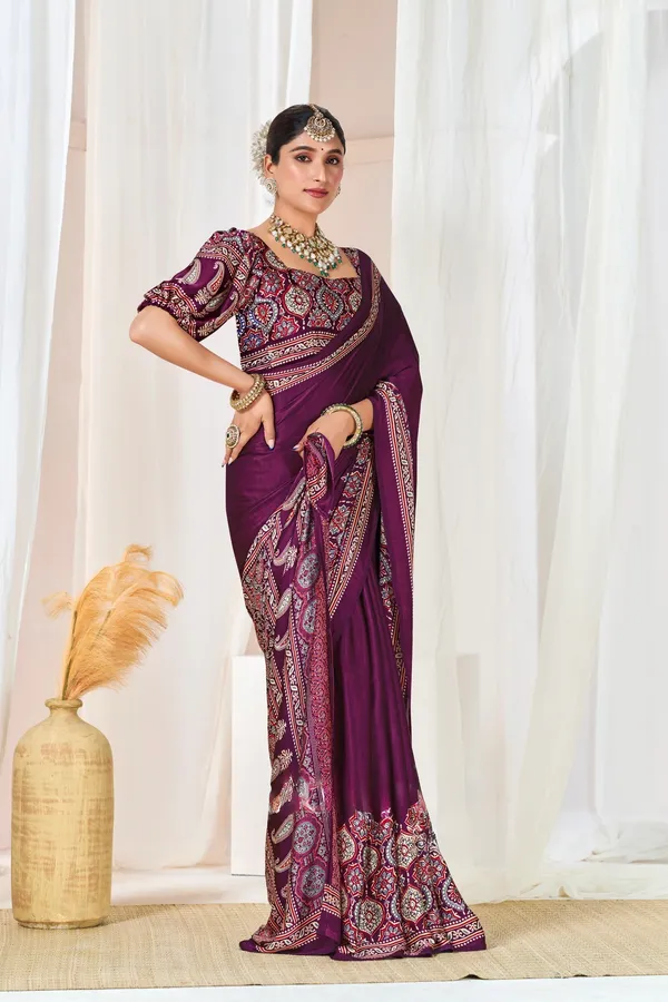 Wine_Woven_Bollywood_Satin_Saree