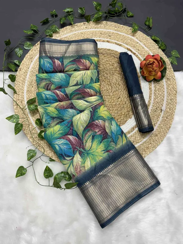 Blue_Floral_Print_Bollywood_Art_Silk,_Silk_Blend_Saree