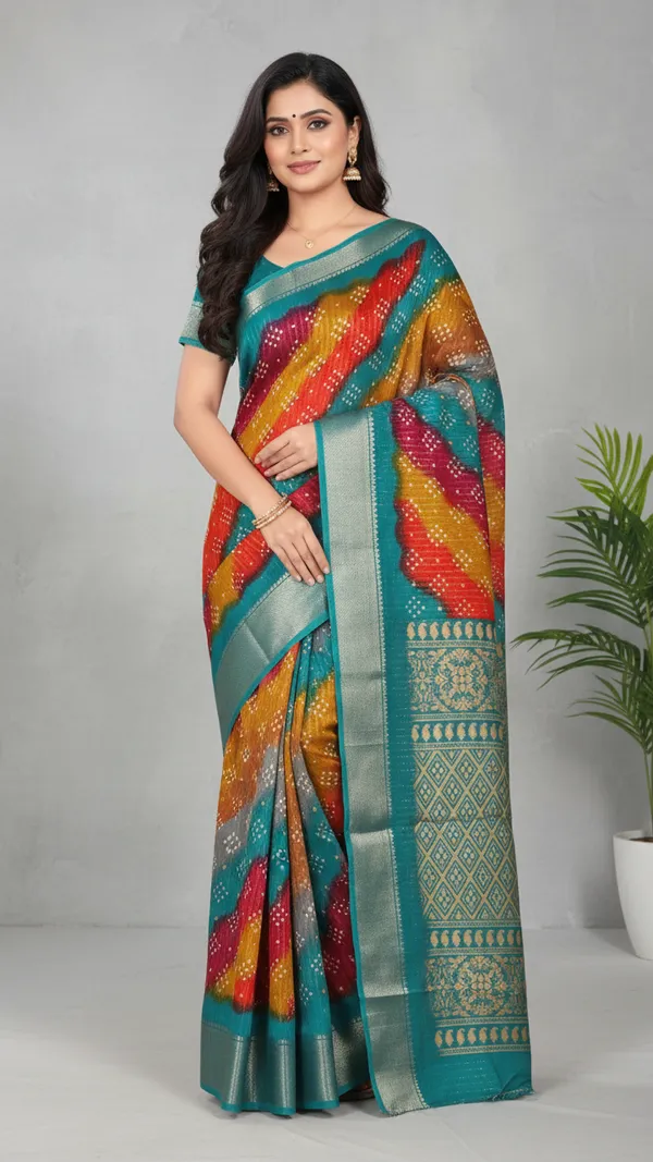 Teal_Woven,_Striped_Bandhani_Silk_Blend,_Art_Silk_Saree