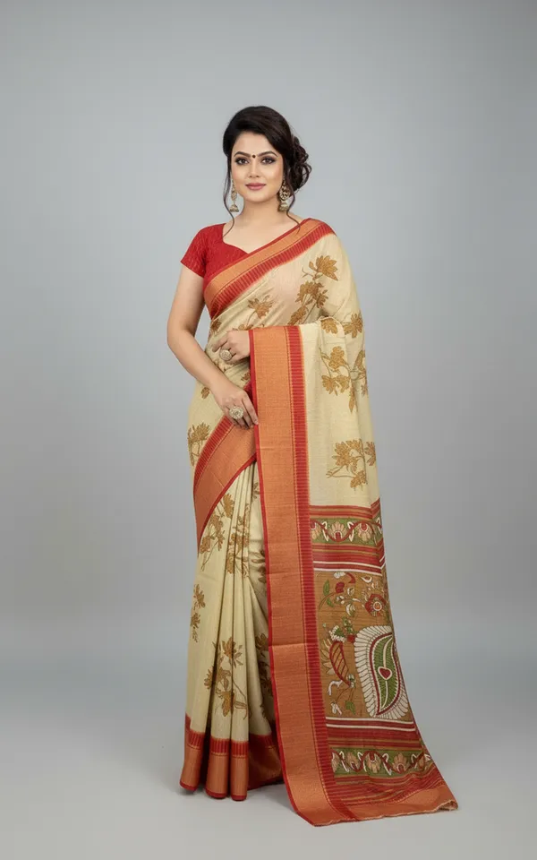 Beige_Woven,_Printed_Daily_Wear_Silk_Blend,_Art_Silk_Saree