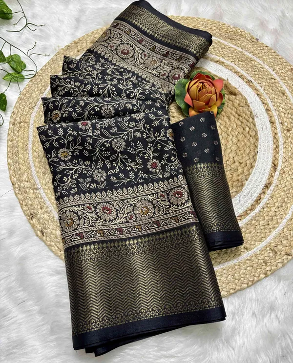 Black_Floral_Print,_Woven_Kalamkari_Silk_Blend_Saree