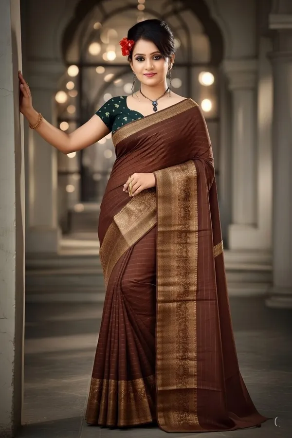 Brown_Woven,_Self_Design_Mysore_Jacquard,_Silk_Blend_Saree