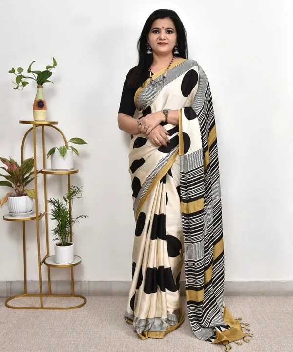 White_Polka_Print_Bollywood_Satin_Saree