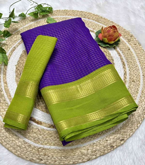 Purple_And_Green_Woven,_Checkered_Mysore_Silk_Blend,_Jacquard_Saree