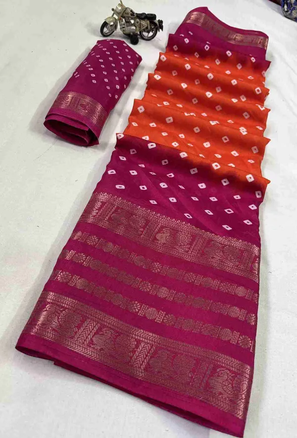 Orange_And_Pink_Printed_Bandhani_Jacquard,_Silk_Blend_Saree