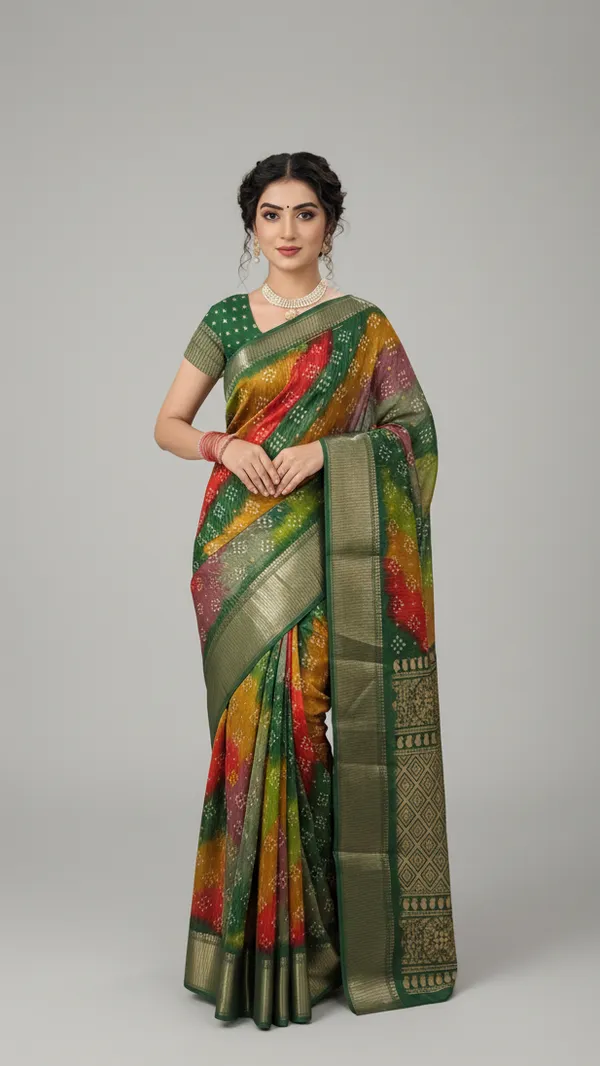 Green_Woven,_Striped_Bandhani_Silk_Blend,_Art_Silk_Saree