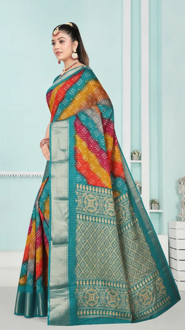 Teal_Woven,_Striped_Bandhani_Silk_Blend,_Art_Silk_Saree