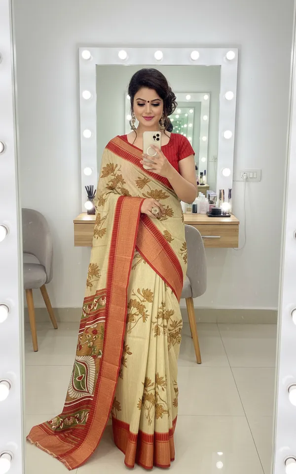 Beige_Woven,_Printed_Daily_Wear_Silk_Blend,_Art_Silk_Saree
