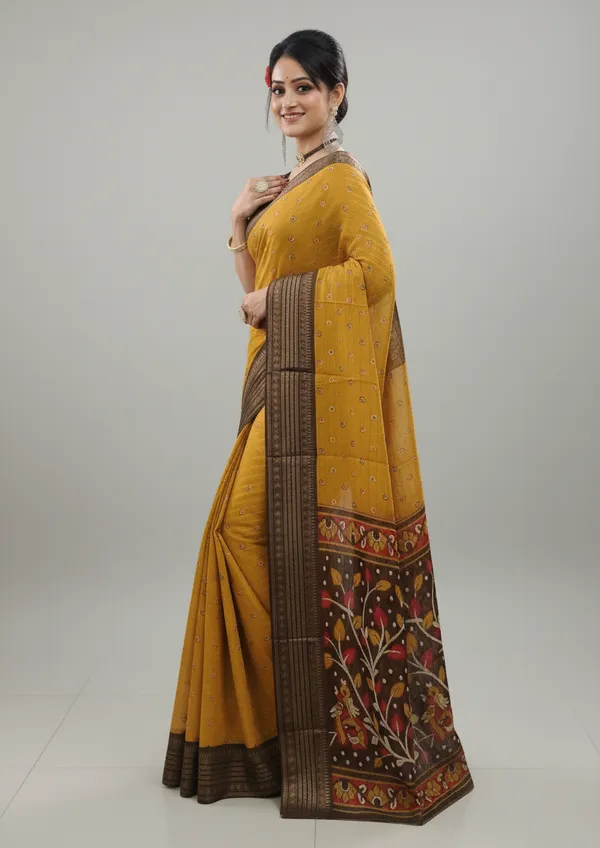 Mustard_Woven,_Printed_Bandhani_Jacquard,_Silk_Blend_Saree