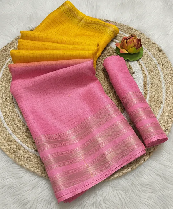 Pink_And_Yellow_Woven,_Checkered_Mysore_Silk_Blend,_Jacquard_Saree