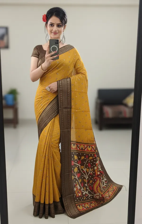 Mustard_Woven,_Printed_Bandhani_Jacquard,_Silk_Blend_Saree