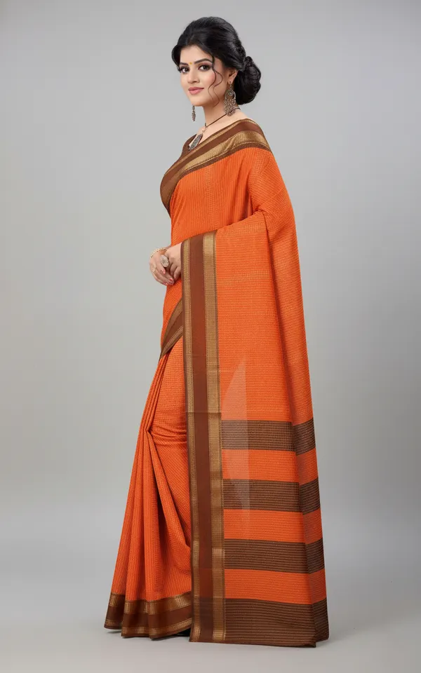 Orange_And_Brown_Woven,_Checkered_Mysore_Silk_Blend,_Jacquard_Saree