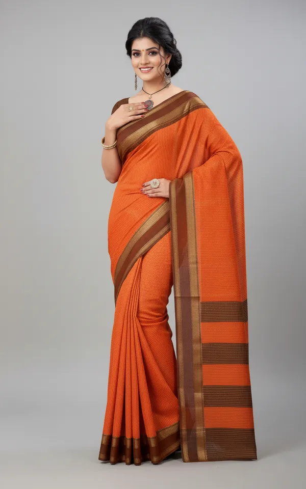 Orange_And_Brown_Woven,_Checkered_Mysore_Silk_Blend,_Jacquard_Saree