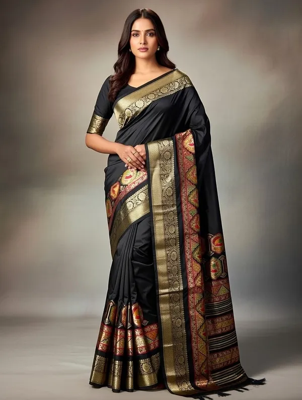 Black_Woven,_Printed_Kalamkari_Jacquard,_Silk_Blend_Saree