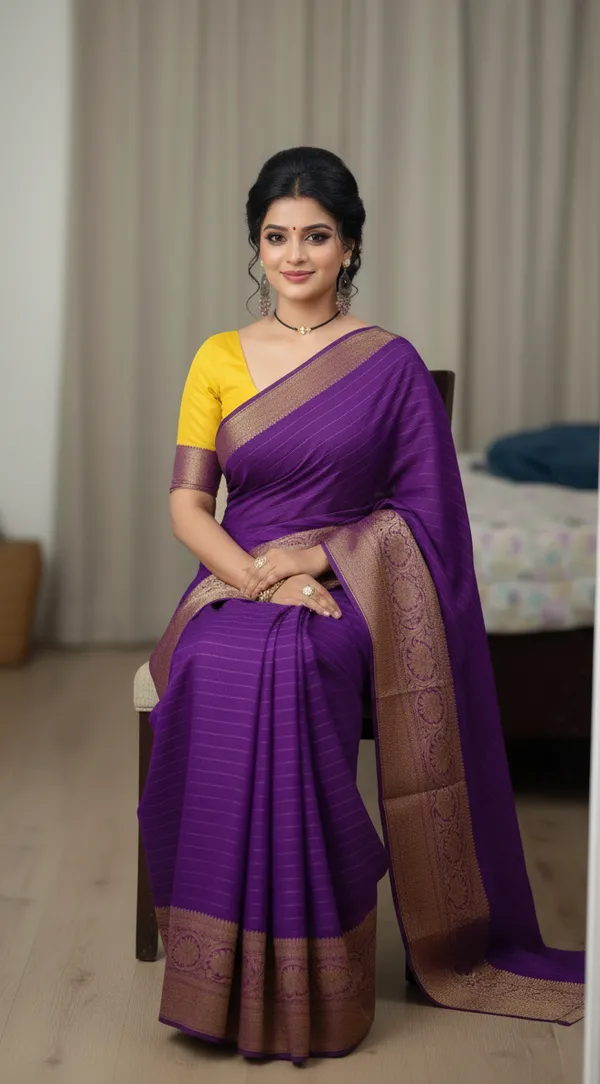 Purple_Woven,_Self_Design_Mysore_Jacquard,_Silk_Blend_Saree