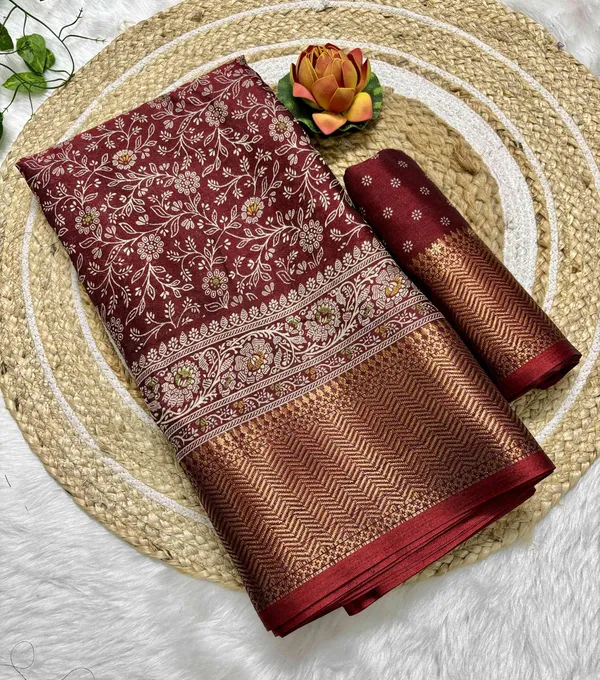 Red_Floral_Print,_Woven_Kalamkari_Silk_Blend_Saree