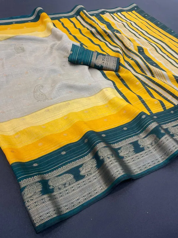 Yellow_And_Green_Printed_Ikkat_Jacquard,_Silk_Blend_Saree