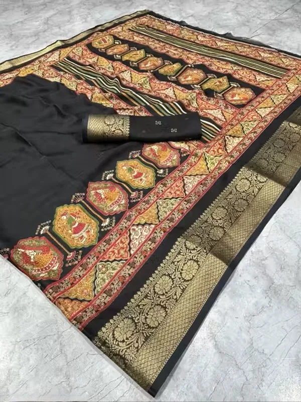 Black_Woven,_Printed_Kalamkari_Jacquard,_Silk_Blend_Saree