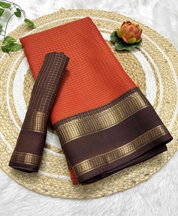 Orange_And_Brown_Woven,_Checkered_Mysore_Silk_Blend,_Jacquard_Saree