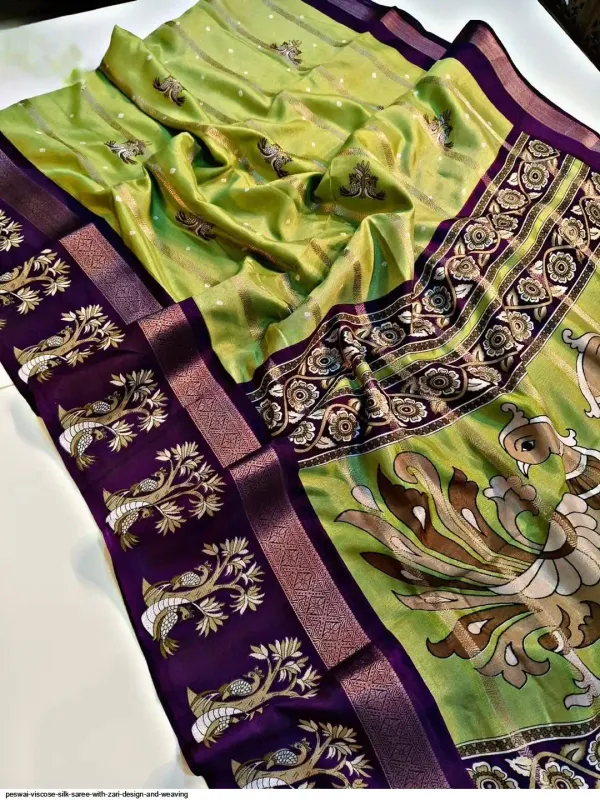 Green_And_Purple_Printed_Mysore_Silk_Blend,_Jacquard_Saree